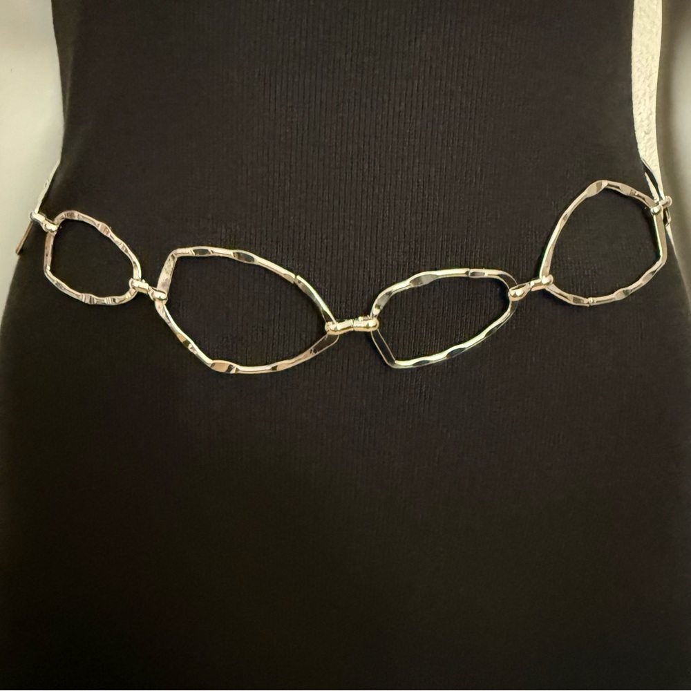 Silver tone metallic skinny chain belt